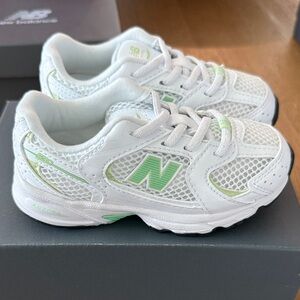 New Balance Kids' White and Light Green Sneakers